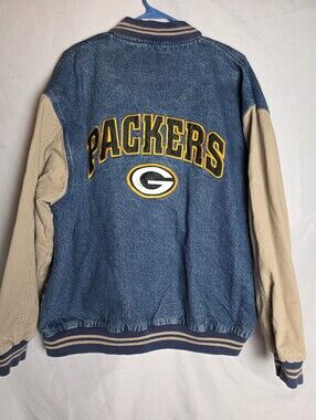 VTG 90's Lee Denim Miller Time Greenbay Packers Varsity Bomber Jacket XL